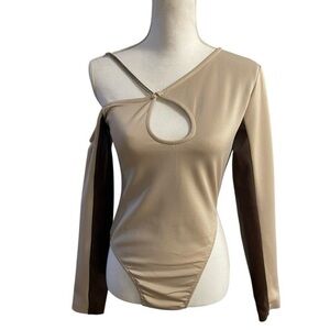 Maniere De Voir Beige and Brown Asymmetrical Bodysuit medium